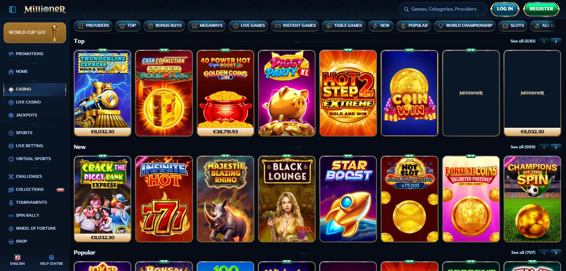 Catalogo slot e giochi live Millioner Casino Italia