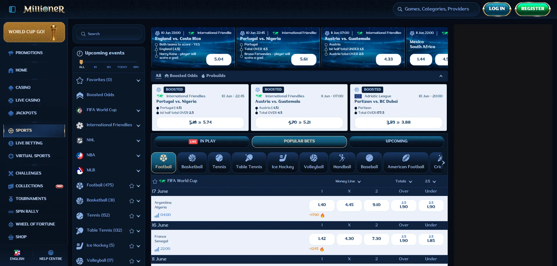 Millioner Casino scommesse sportive calcio tennis live betting